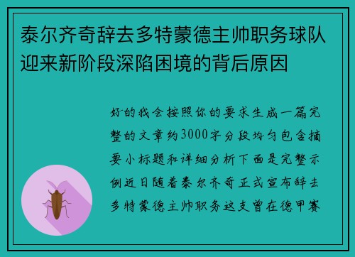 泰尔齐奇辞去多特蒙德主帅职务球队迎来新阶段深陷困境的背后原因